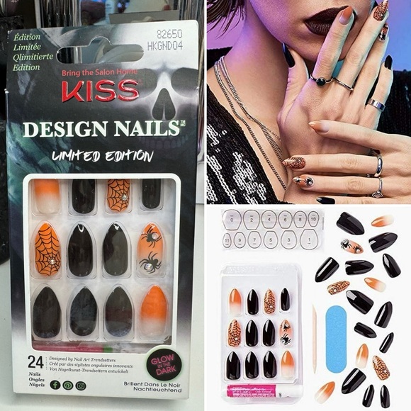 KISS Limited Edition Design Nails Press On Nails Orange Ombre Spider Web Black - Picture 1 of 4